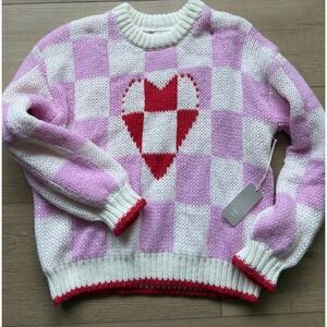 Luna Ivy NWT Women's Pink/White Checkered Long Sleeve‎ Heart Sweater Size Medium